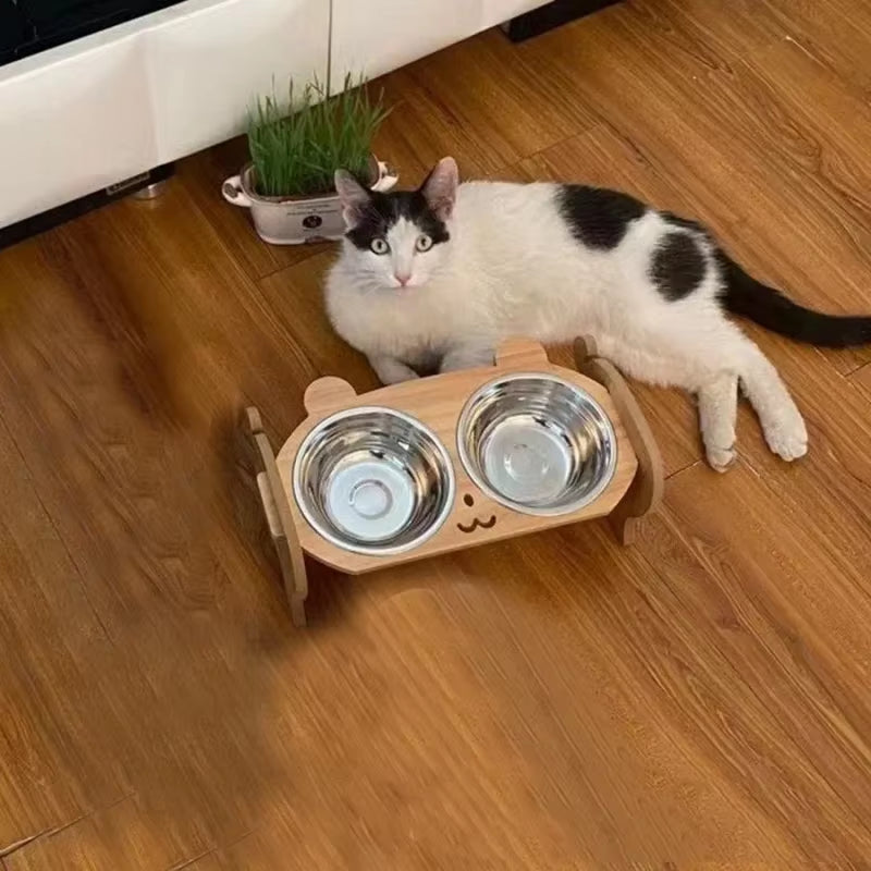 Elevated Wooden Bowl with Stand for Cats' Water Bowl and Small Dogs, Feeding Bowl for Medium and Small Pet Rabbits